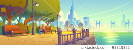 Summer cityscape with park benches on river bank 98810831