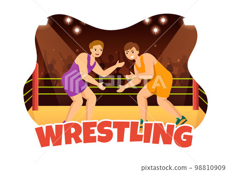 Wrestling Illustration with Two fighters Boxing Competition or Championship Sport on a Arena in Flat Cartoon Hand Drawn for Landing Page Templates 98810909