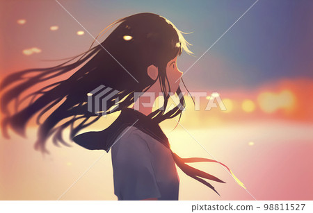 Profile of a high school girl looking into the distance Anime-style illustration "AI-generated image" 98811527