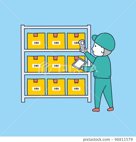 Illustration material of a worker man reading a barcode with a barcode reader 98811579