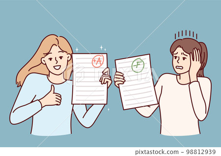 Two girls demonstrate paper with positive and negative mark for final test results Two girls demonstrate paper with positive and negative mark for final test results 98812939