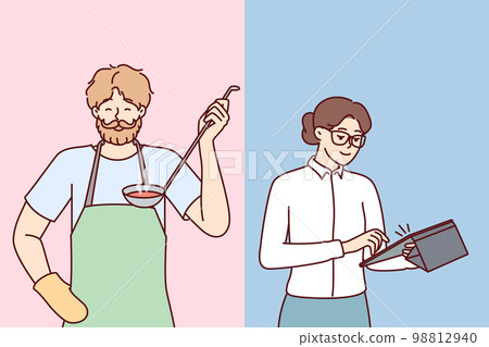 Brutal man preparing food for family while woman doing business or working in office 98812940