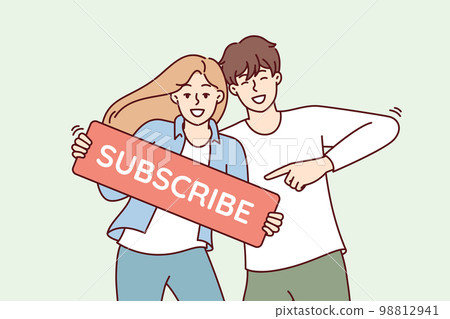 Beautiful couple of man and woman smile show subscribe sign call on viewers to action 98812941