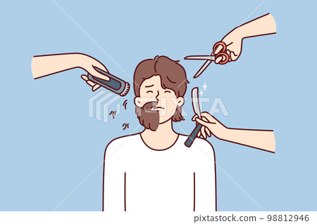 Hands with scissors and shaving devices around man with partially trimmed beard Hands with scissors and shaving devices around man with partially trimmed beard 98812946