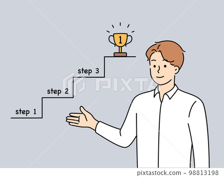 Man business coach pointing with hand at sketchy ladder leading to career success 98813198