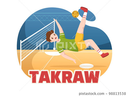 Sepak Takraw Illustration with Athlete Playing Kick Ball on Court in Flat Sports Game Competition Cartoon Hand Drawn for Landing Page Template 98813538