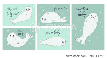 A set of postcards with cute baby seals and inscriptions. Vector graphics. 98814755