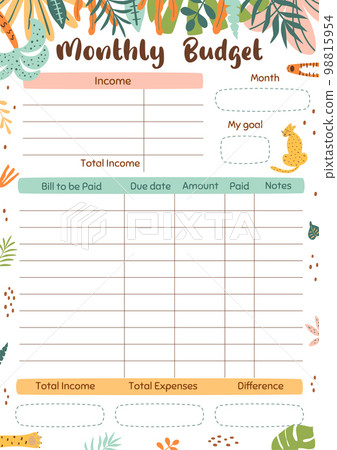 Monthly budget planner template for print. Printable budget planner, worksheet A4 size. Vector 98815954