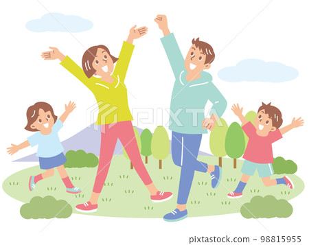 A cheerful family of four jumping happily in the mountains 98815955