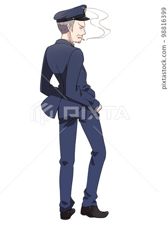 Standing picture of a police officer smoking a... - Stock Illustration  [98816399]