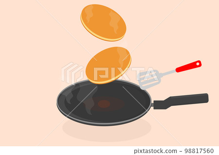 pancake in a frying pan in the kitchen preparing delicious big ones on a butter dish vector illustration 98817560
