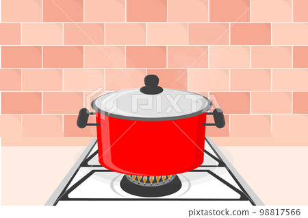a large red pot is boiling on a gas stove in the kitchen a large red pot is boiling on a gas stove in the kitchen 98817566