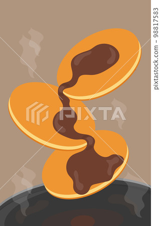 fried pancakes in a pan with chocolate sauce for breakfast 98817583