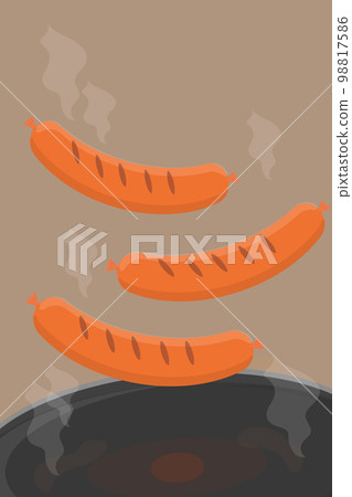 fried sausages in a pan for breakfast delicious food 98817586