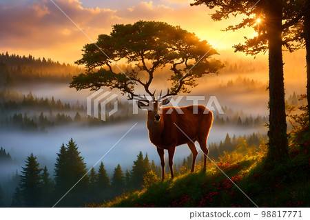 Fantasy image of Red deer close-up portrait where horns grow as a small tree with leaves, in the autumn forest at sunset, AI generated image Fantasy image of Red deer close-up portrait where horns grow as a small tree with leaves, in the autumn forest at sunset, AI generated image 98817771