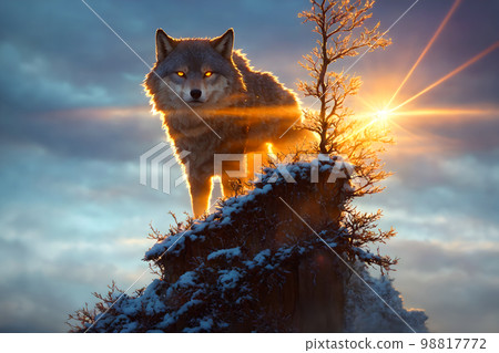 Beautiful winter landscape with giant wolf, warg Fenrir, AI generated Beautiful winter landscape with giant wolf, warg Fenrir, AI generated 98817772