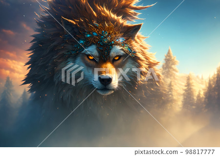 Beautiful winter landscape with giant wolf, warg Fenrir, AI generated Beautiful winter landscape with giant wolf, warg Fenrir, AI generated 98817777