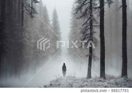 Beautiful night winter forest landscape in fog, AI generated 98817781