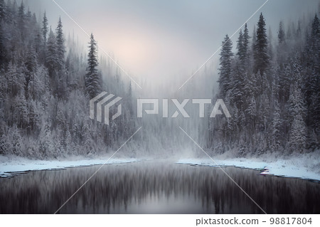 Beautiful night winter forest landscape in fog, AI generated Beautiful night winter forest landscape in fog, AI generated 98817804