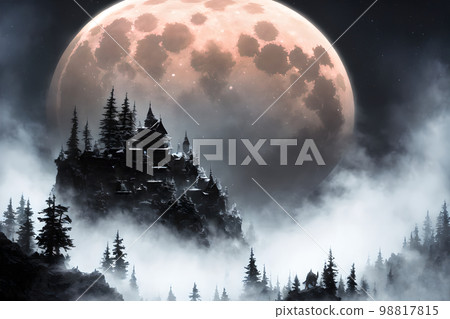 Beautiful winter landscape with giant Moon, AI generated Beautiful winter landscape with giant Moon, AI generated 98817815