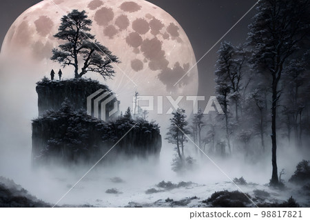 Beautiful winter landscape with giant Moon, AI generated Beautiful winter landscape with giant Moon, AI generated 98817821