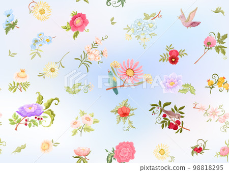 Fantasy flowers and birds in retro, vintage, jacobean embroidery style. Fantasy flowers and birds in retro, vintage, jacobean embroidery style. 98818295