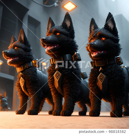 A tiny assembly of cool black tactical canines engaged in conflict on city rubble. AI generated A tiny assembly of cool black tactical canines engaged in conflict on city rubble. AI generated 98818382