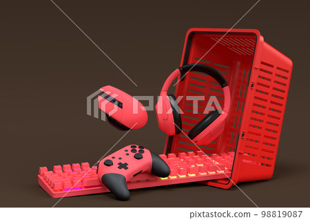 Flying gamer gears like mouse, keyboard, joystick, headset, VR, web camera 98819087