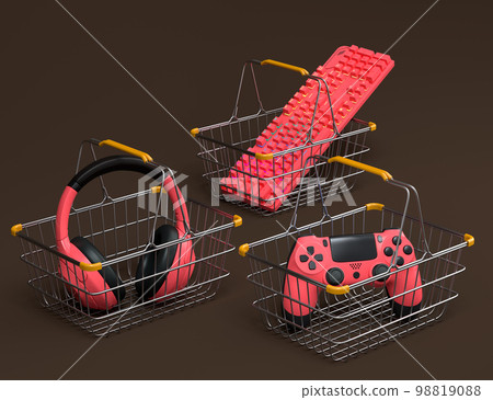 Gamer gears like mouse, keyboard, joystick, headset, VR in metal wire basket Gamer gears like mouse, keyboard, joystick, headset, VR in metal wire basket 98819088