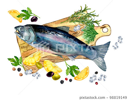 Set of trout, lemon, herbs on cutting board watercolor illustration isolated on white. Set of trout, lemon, herbs on cutting board watercolor illustration isolated on white. 98819149