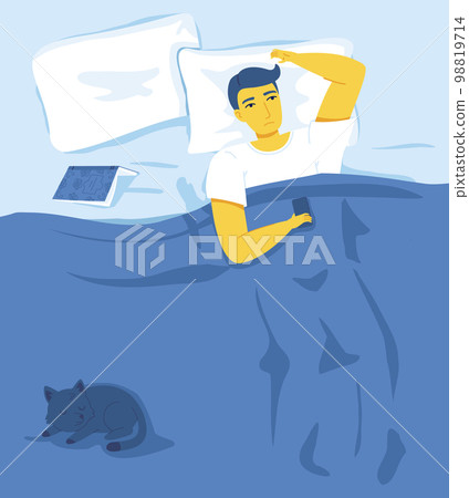Yellow man suffering from insomnia in blue bed. Rest, dreaming, relaxation, good night concept. Stock vector illustration in flat style Yellow man suffering from insomnia in blue bed. Rest, dreaming, relaxation, good night concept. Stock vector illustration in flat style 98819714