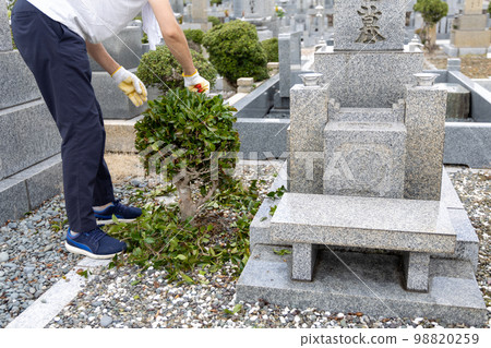 一個中年男子參觀墳墓和照顧植物 98820259