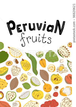 Illustrated vertical lettering Peruvian fruits with fruits and berries in flat style. Whole and cut fruits Illustrated vertical lettering Peruvian fruits with fruits and berries in flat style. Whole and cut fruits 98820621