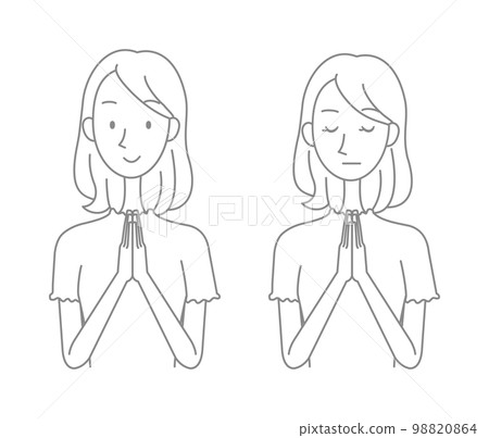 Young woman praying with her hands together-line drawing-1 color 98820864