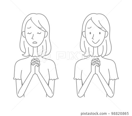 雙手合十祈禱的年輕女子 - 線條畫 - 1 種顏色 雙手合十祈禱的年輕女子 - 線條畫 - 1 種顏色 98820865