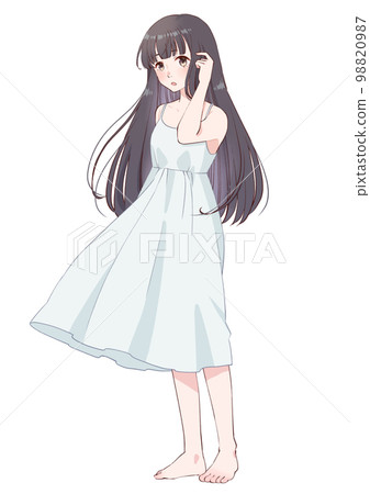 Portrait of a black-haired woman standing barefoot 98820987