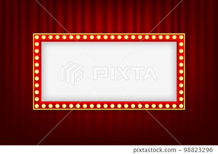 Retro lightbox with light bulbs on a silky luxury curtain stage. Vintage theater signboard mockup. Red commercial announcement banner. Vector illustration. Retro lightbox with light bulbs on a silky luxury curtain stage. Vintage theater signboard mockup. Red commercial announcement banner. Vector illustration. 98823296