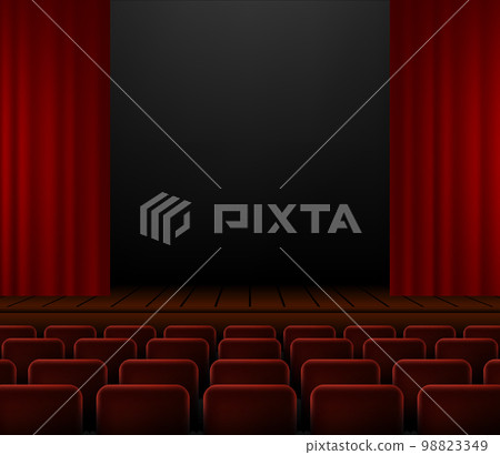 Dark realistic Theater stage with red curtains and spotlight in the center. Template for banner. Theater interior empty wooden stage, luxurious velvet curtains and light beam. Vector illustration. 98823349