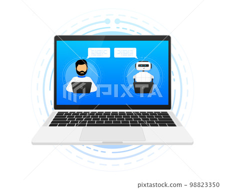 Chatbot Support concept. Human communication with chatbot in computer. Online messaging with virtual bots. Vector illustration. 98823350