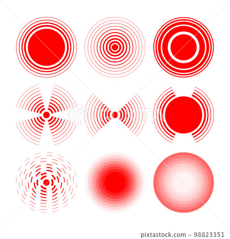 Pain red Circles collection. Pain localization sign and pointings. Red rings. Symbols for medical. Rings of pain to indicate localization of pain in different parts of the human body. Vector. 98823351