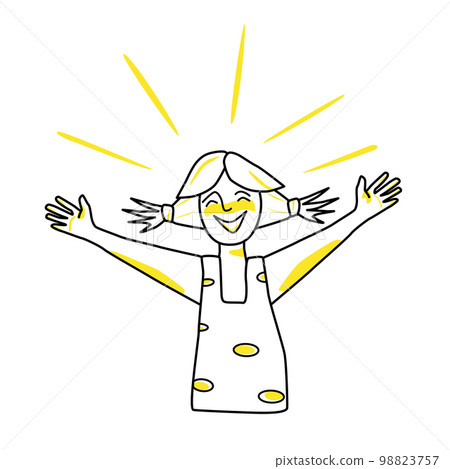 Happy girl, emotion of happiness. Joyful half body adolescent with ponytails haircut, good spirit of female child, hands to the sides. Line with yellow spots style. Happy girl, emotion of happiness. Joyful half body adolescent with ponytails haircut, good spirit of female child, hands to the sides. Line with yellow spots style. 98823757
