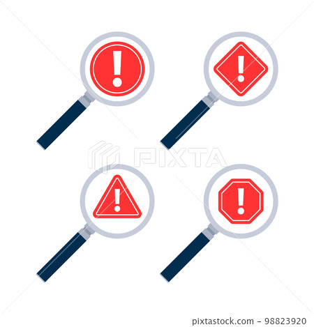 Alert sign in magnifying glass. Attention sign. Exclamation sign. Alert sign in magnifying glass. Attention sign. Exclamation sign. 98823920
