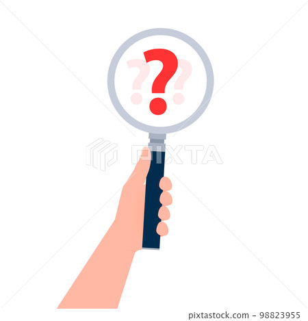 Searching solutions and asking for help. Question mark in a magnifying glass. 98823955