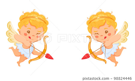 Two cute angels with bow and arrow for Valentine Day. The symbol of lovers. Vector illustration of flying cupids for postcard 98824446