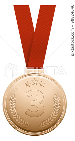 Third place award. Bronze medal on red ribbon Third place award. Bronze medal on red ribbon 98824646