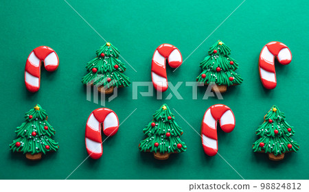 Christmas colored handmade gingerbread cookies, flat lay. Christmas colored handmade gingerbread cookies, flat lay. 98824812