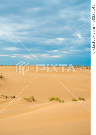 Bright blue cloudy sky over the yellow desert of Kyzylkum Kazakhstan. Rainy weather in the desert. Beautiful landscape of the desert of Central Asia 98825145