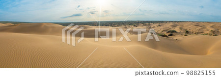 Panorama 180 of the desert in spring from a bird's eye view. Sand dunes in the Kyzylkum desert. Soft lighting in cloudy weather before rain 98825155