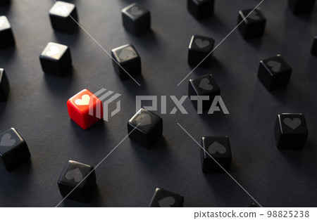 Find a match. Red block with a heart. Valentine's Day concept. Likes, social networks. Popularity and ratings. Favorite. 98825238