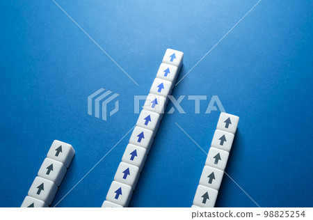 Arrows and competition. The concept of rivalry and speed. Competition between two startup teams. Be more successful than other. Leadership skills, foresight and forecasting. Get a boost to success. 98825254